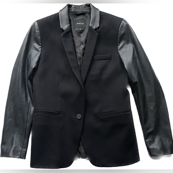Aritzia Babaton Fred Wool Faux Leather Sleeve Blazer Jacket Black Size 8 - Picture 7 of 7